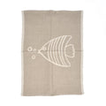 Torchon en lin naturel beige motif poisson blanc à rayures et bulles