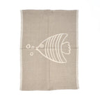Torchon en lin naturel beige motif poisson blanc à rayures et bulles