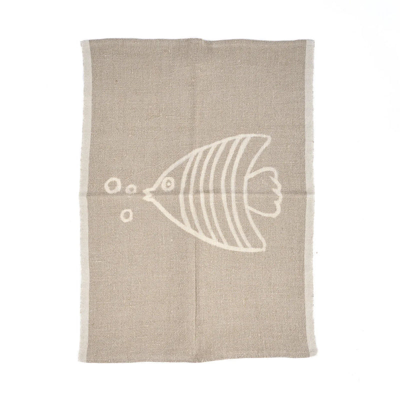 Torchon en lin naturel motif poisson blanc écru