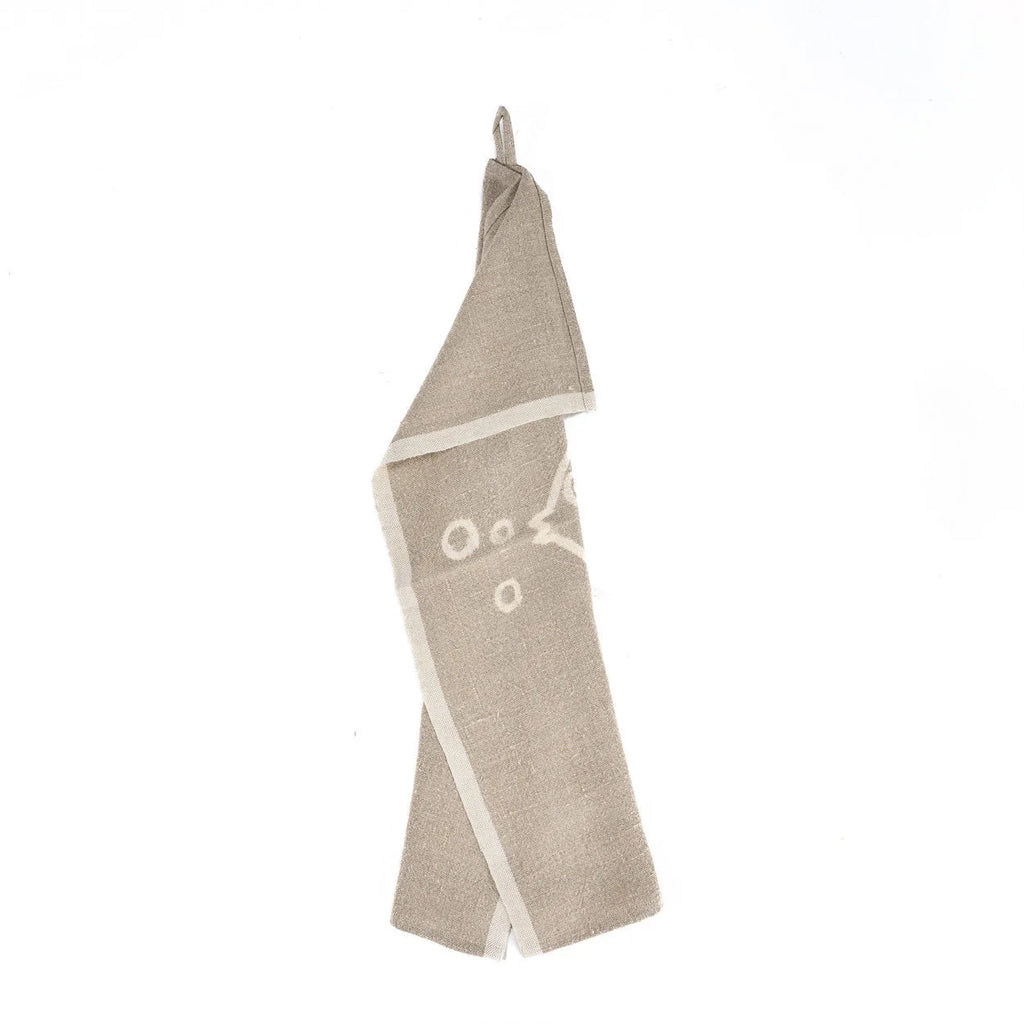 Torchon en lin naturel beige avec motif géométrique blanc et bordure contrastée