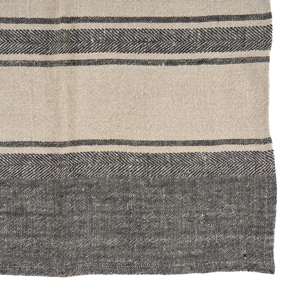 Torchon en lin naturel rayé noir et beige, motif chevron, texture laine