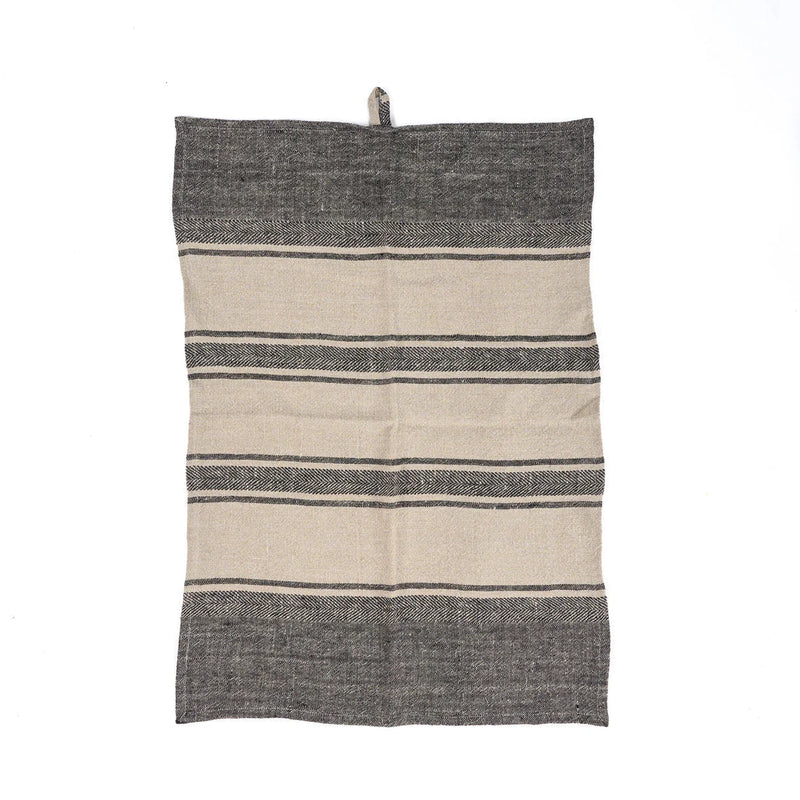 Torchon en lin naturel rayé noir et beige avec boucle d’accroche
