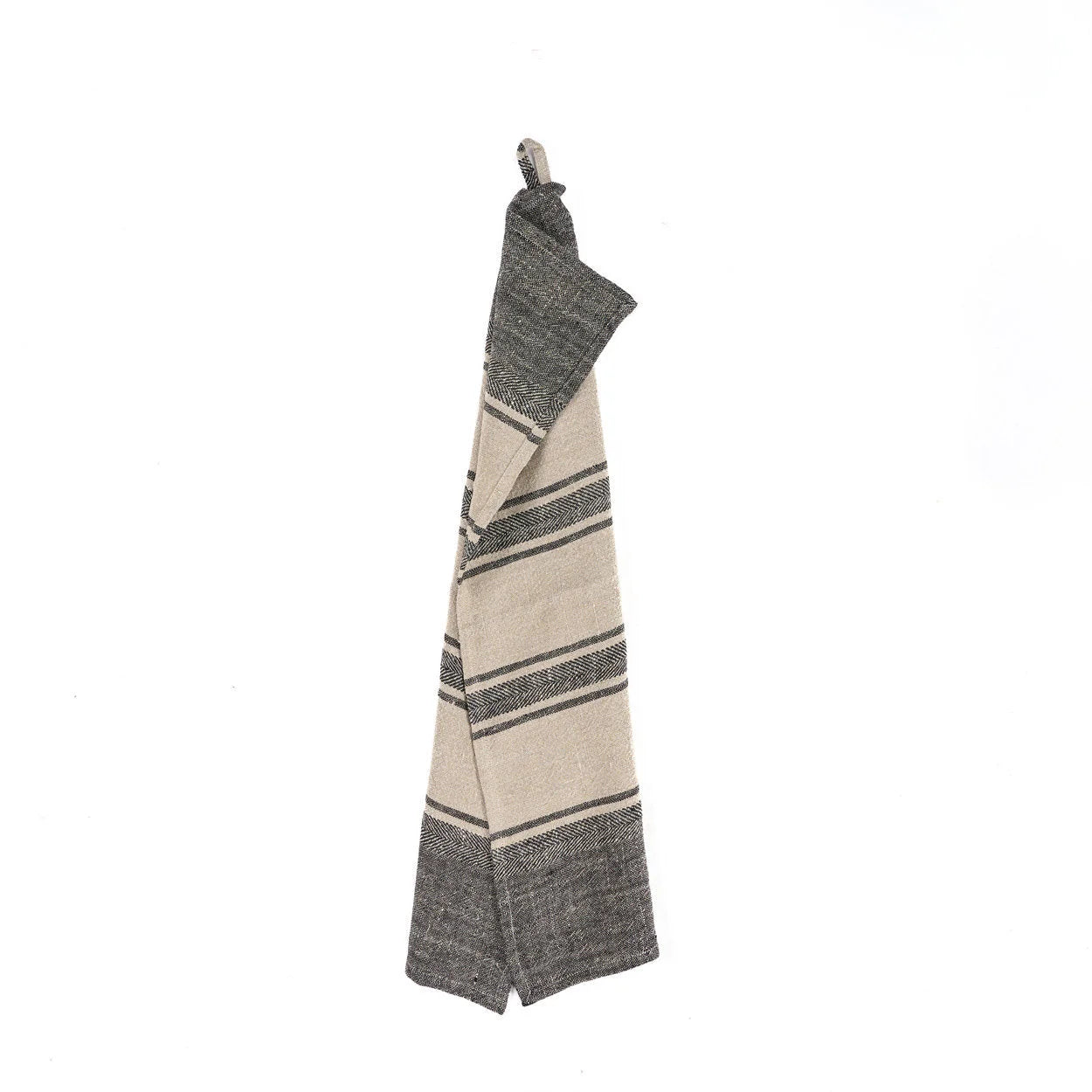 Torchon en lin naturel rayé noir et beige à motif chevron