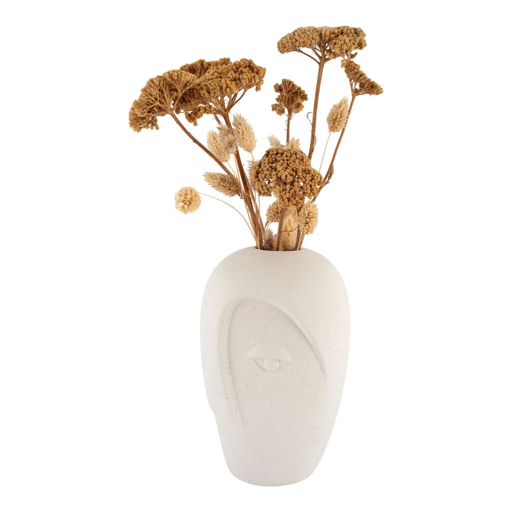 Vase en céramique mate sable visage sculpté, H19 cm, blanc stylisé