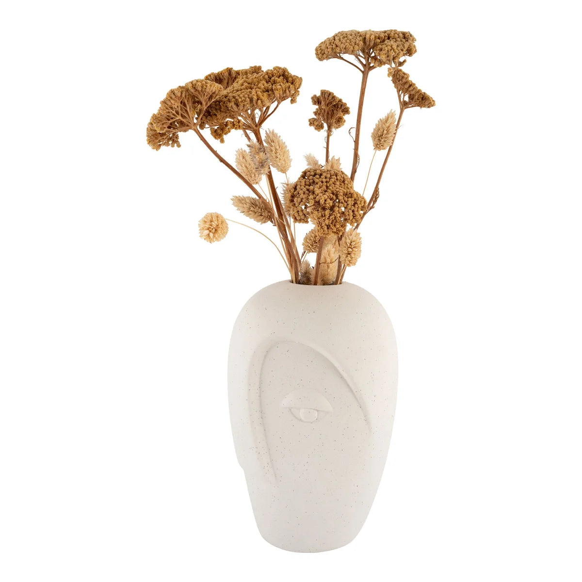 Vase en céramique mate sable visage sculpté, H19 cm, blanc stylisé
