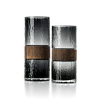 Vase cylindrique en verre fumé texturé et bois foncé, H29 cm
