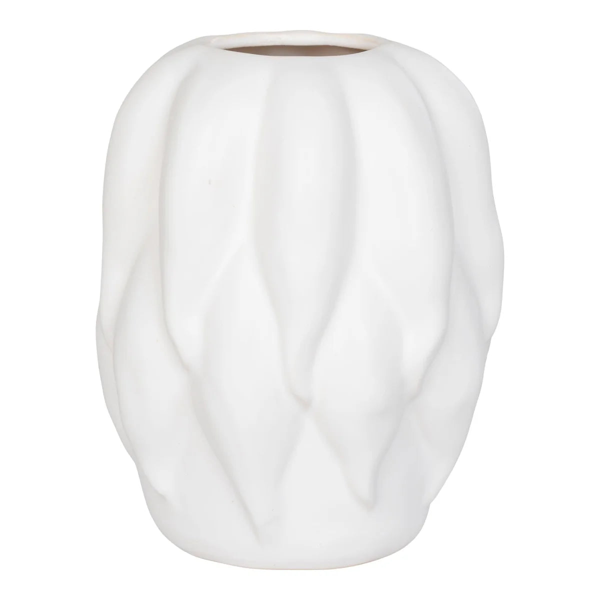 Vase décoratif en céramique blanche mate, H26 cm, fini lisse brillant et rainures verticales