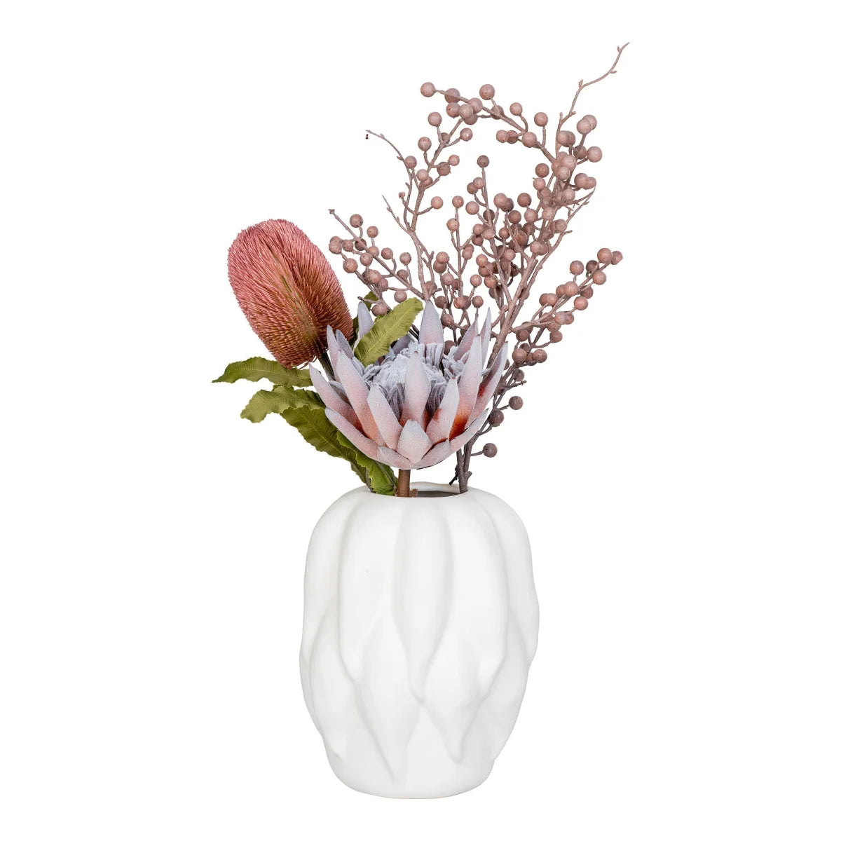 Vase décoratif en céramique blanche mate avec bouquet de fleurs artificielles