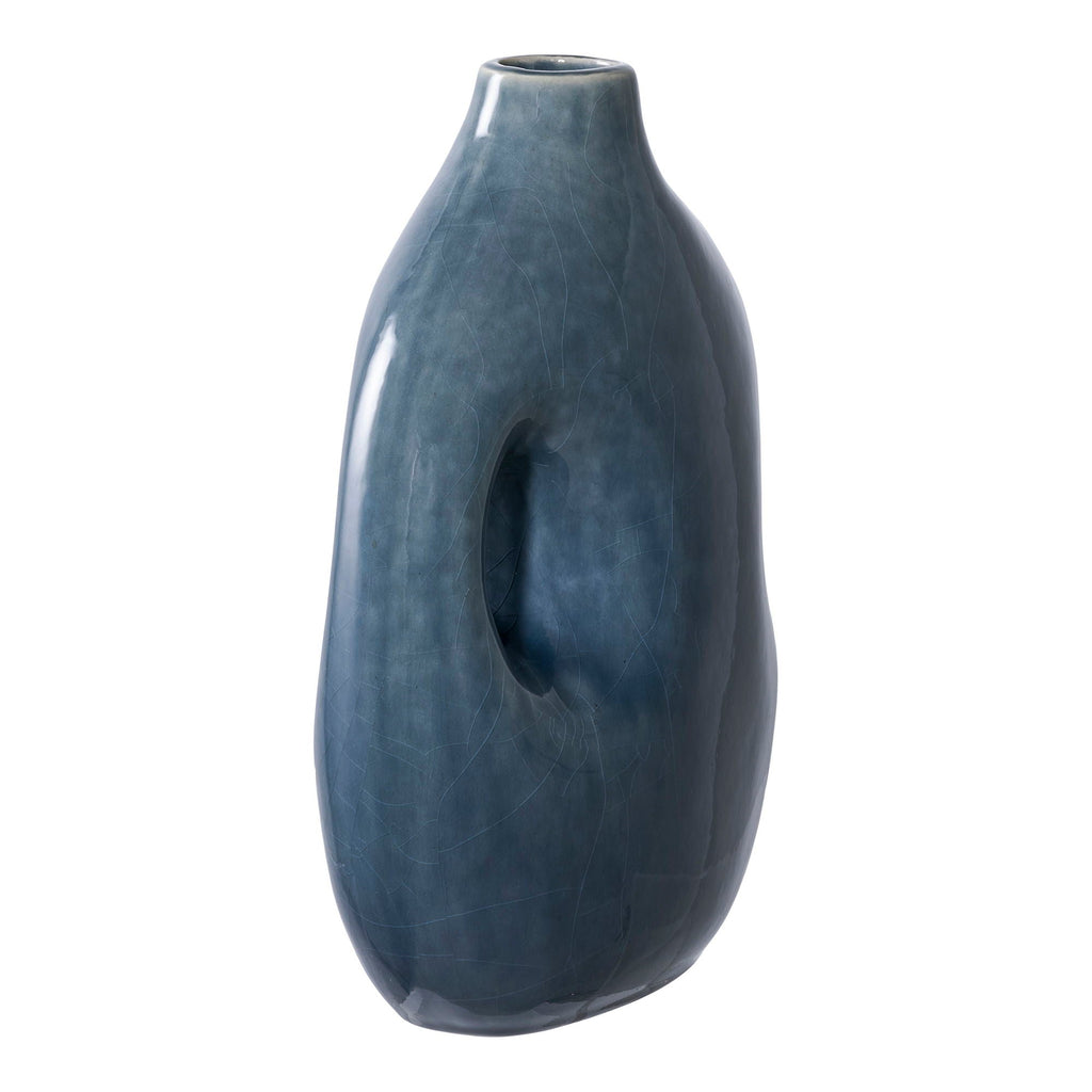 Vase décoratif en céramique bleu pétrole ajouré finition satinée H25 cm