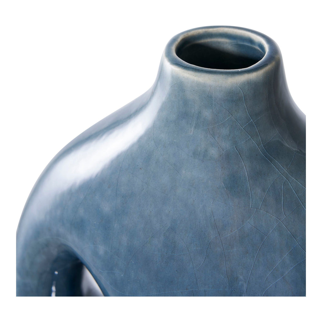 Vase en céramique bleu pétrole ajouré, finition satinée mate, H25 cm