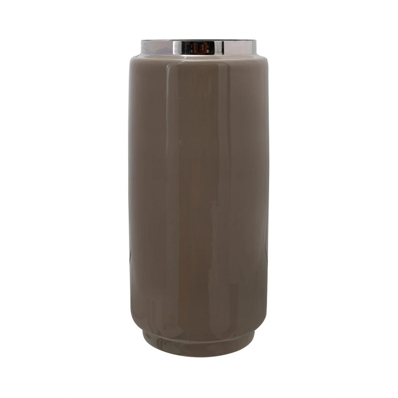 Vase décoratif cylindrique en métal taupe et col chromé – H30 cm