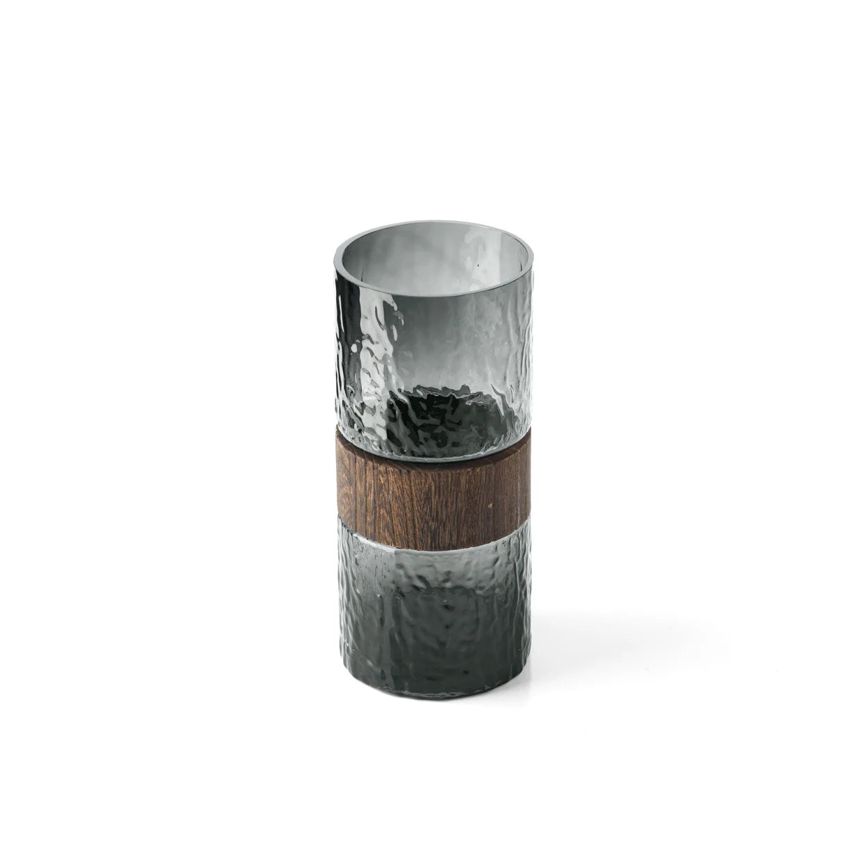 Vase cylindrique en verre fumé et bois foncé, H24 cm, fini martelé