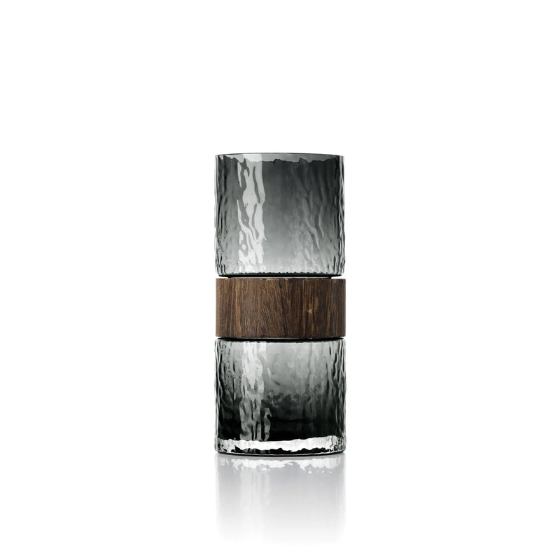 Vase décoratif cylindrique en verre fumé et bois foncé – H24 cm