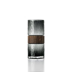 Vase décoratif cylindrique en verre fumé texturé et bois foncé, H24 cm