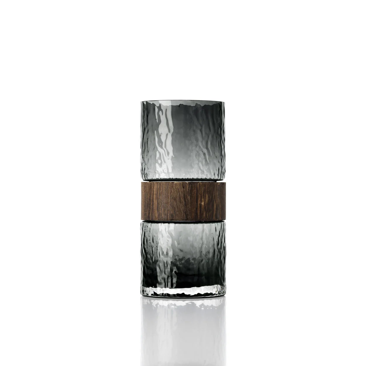 Vase décoratif cylindrique en verre fumé texturé et bois foncé, H24 cm
