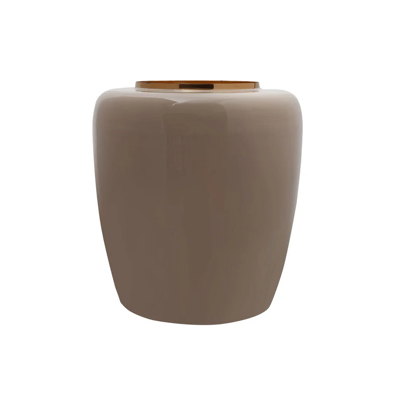 Vase décoratif en métal émaillé taupe et doré col étroit – H36,5 cm