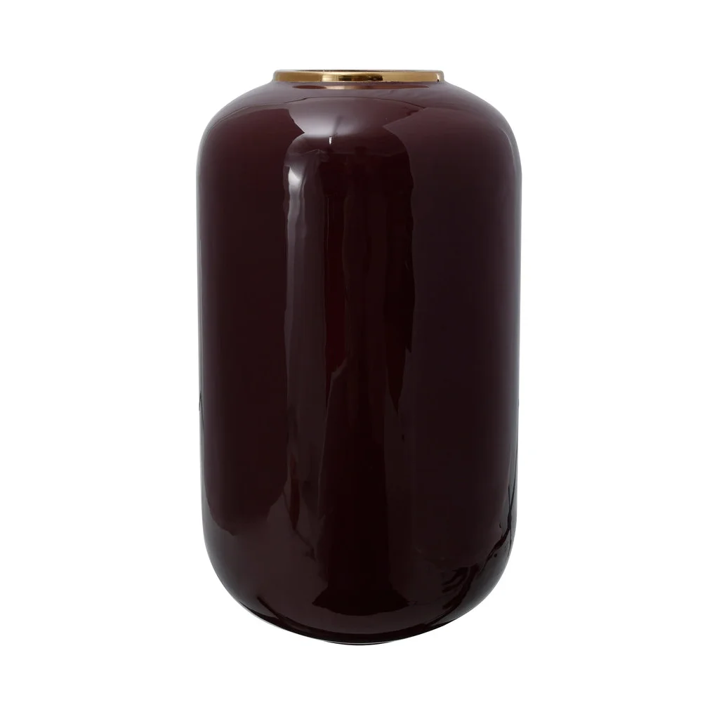 Vase Art Deco 250 Bordeaux Gold, vase cylindrique en céramique bordeaux foncé avec rim en or