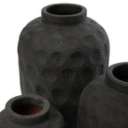 Vase décoratif en terre cuite noire avec texture martelée, ensemble de trois H14 cm