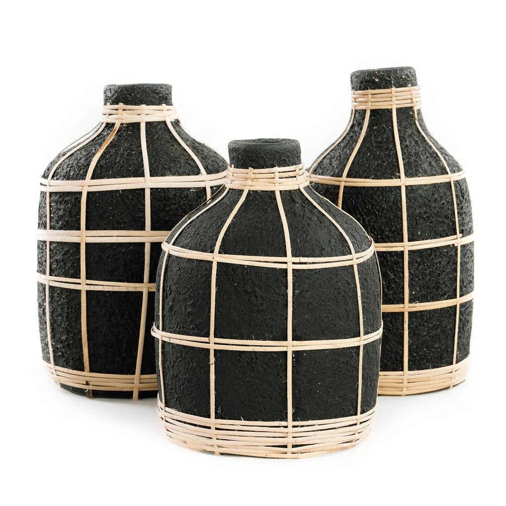 Vase décoratif en terre cuite et rotin noir 24 cm