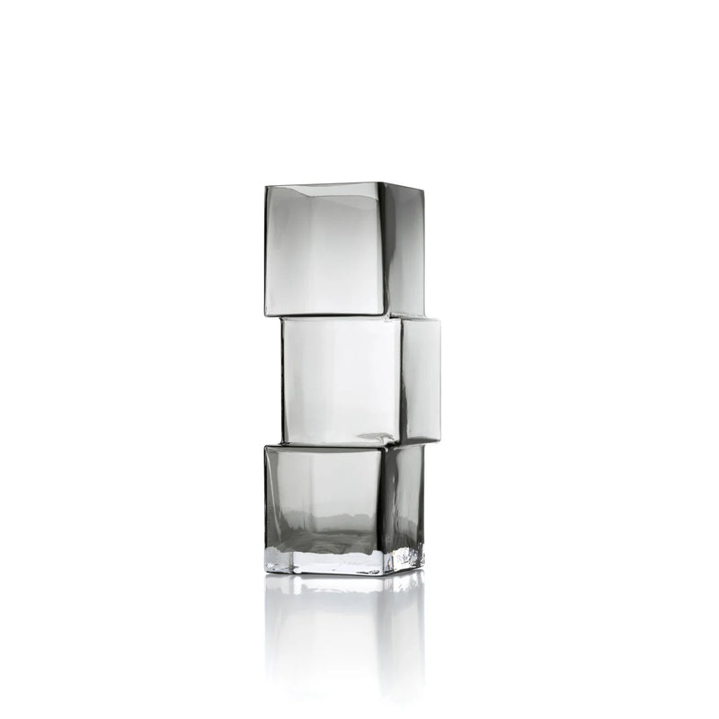 Vase décoratif en verre fumé gris à cubes décalés – H27 cm