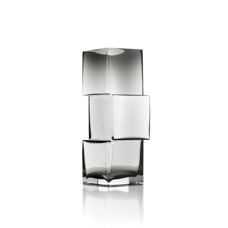 Vase décoratif en verre recyclé gris fumé à motif cubique – H30 cm