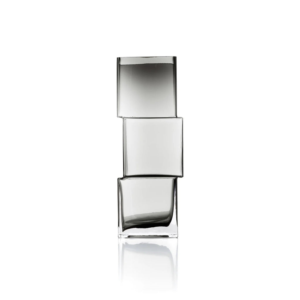 Vase décoratif en verre recyclé gris fumé cubique empilé, H30 cm