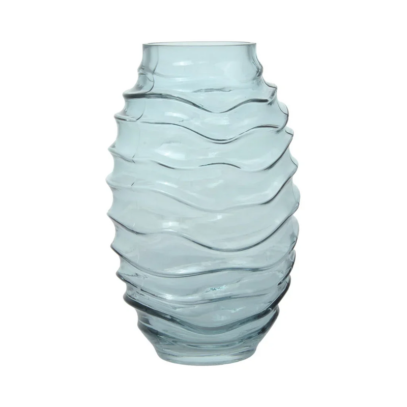 Vase en verre soufflé bleu aqua à reliefs ondulés – H25,5 cm