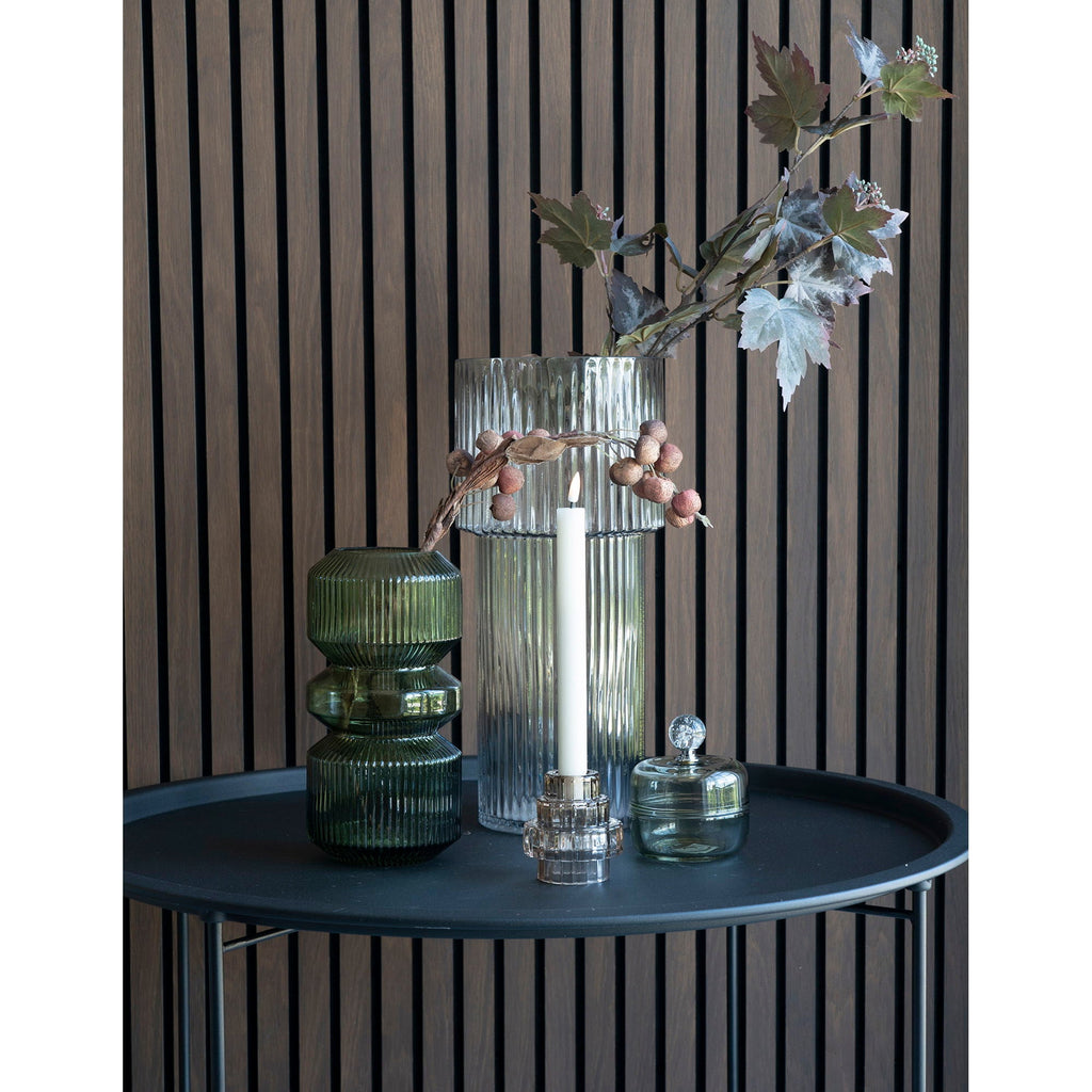 Vase en verre soufflé transparent rond, Ø17,5x40 cm, vert translucide à côtes