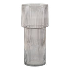 Vase en verre soufflé transparent rond Ø17,5x40 cm, gris translucide à côtes verticales