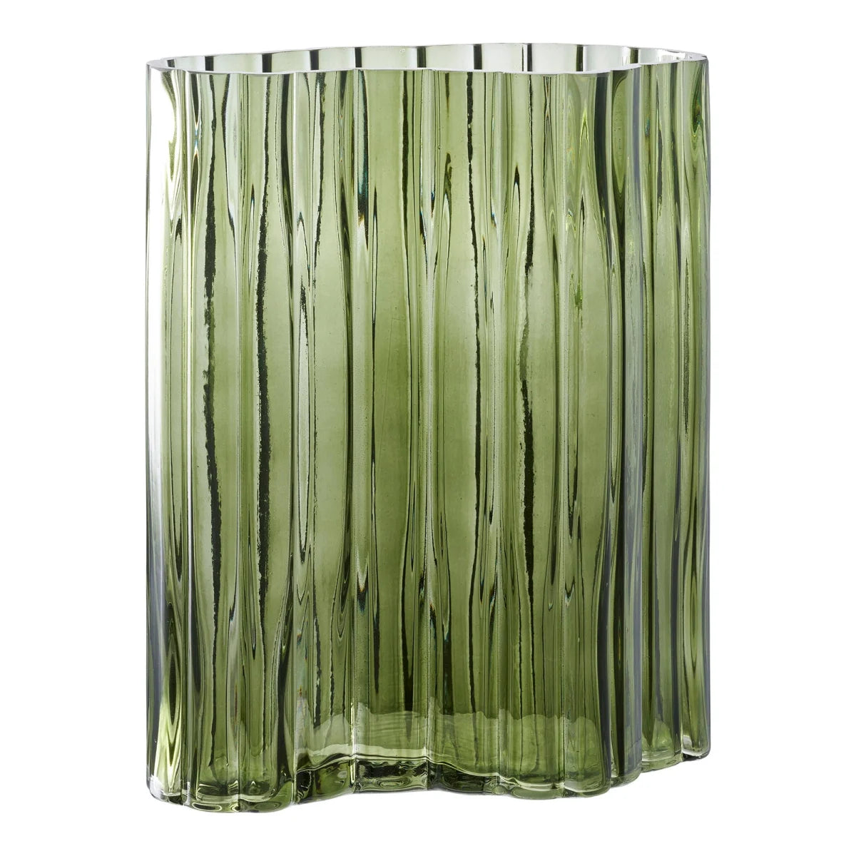 Vase en verre vert cannelé forme ondulée, H26,5 cm