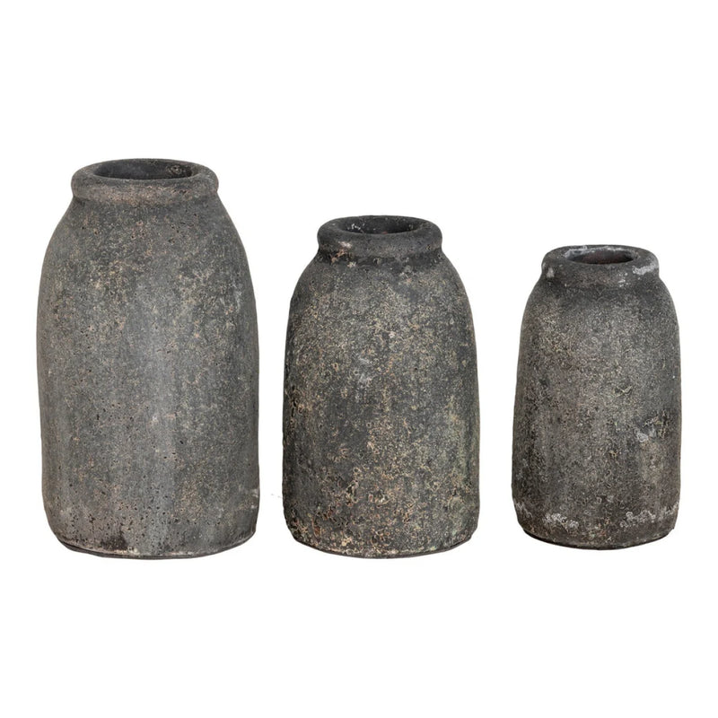Vases déco en céramique effet pierre gris foncé col court – Set de 3
