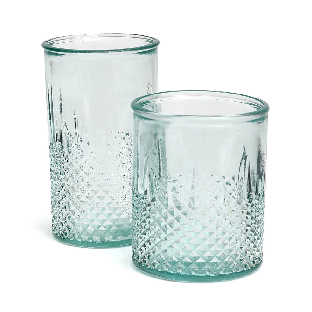 Verre facetté en verre recyclé bleu à base texturée
