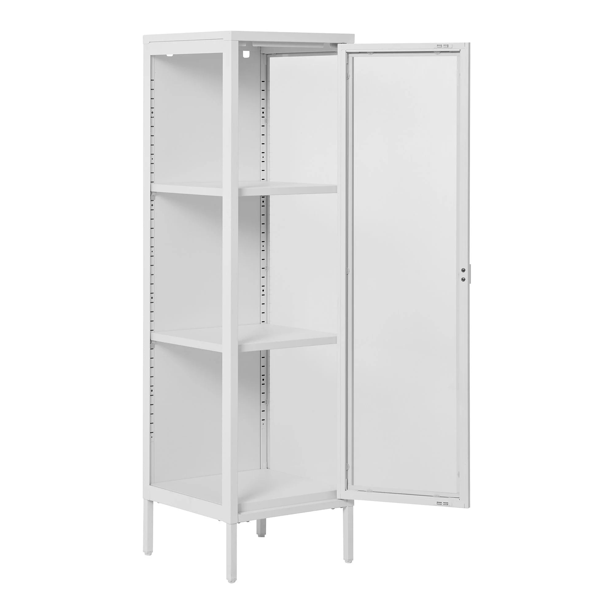 Vitrine étroite en métal blanc à porte vitrée, 140 cm, 3 étagères ajustables