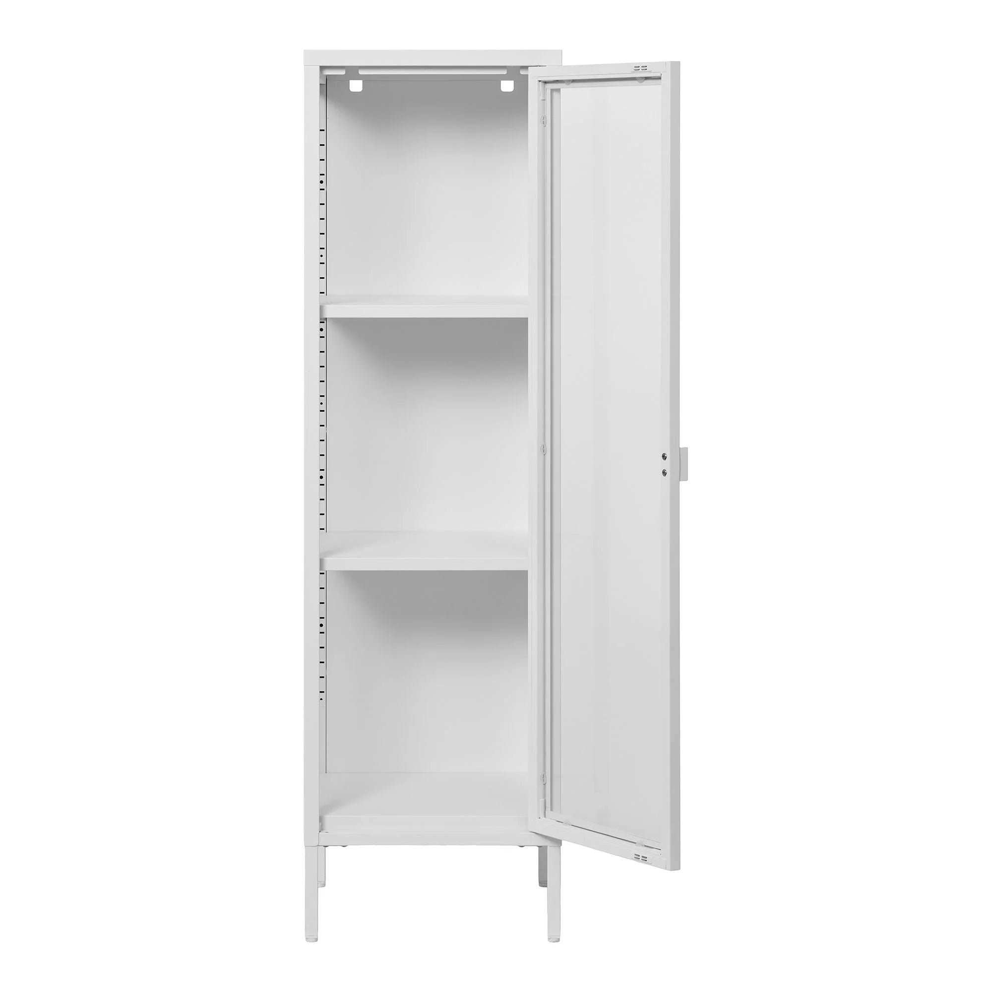 Vitrine étroite en métal blanc à porte vitrée, 140 cm, avec étagères ajustables