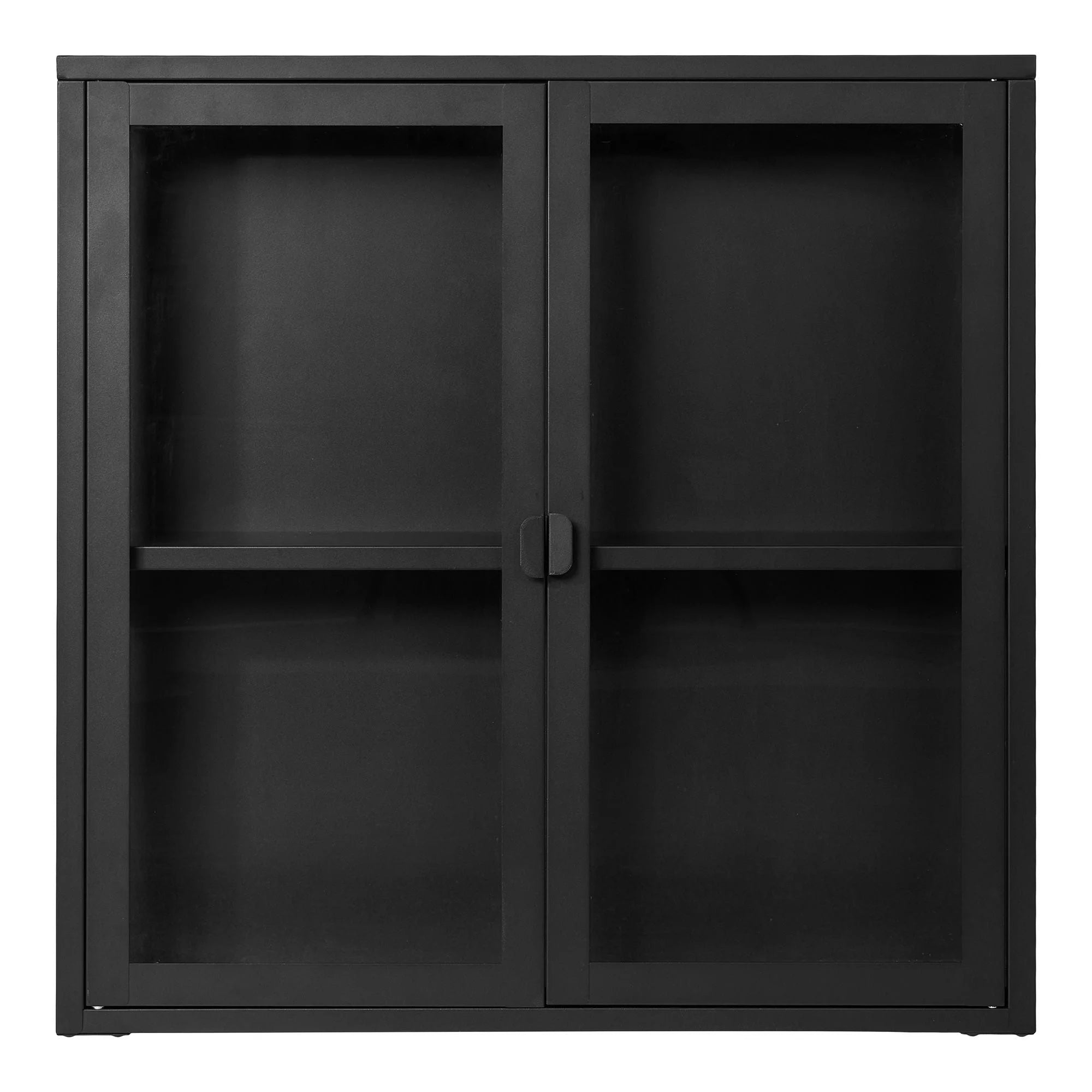 Vitrine murale en métal noir à portes vitrées, design minimaliste mat, 80x18 cm